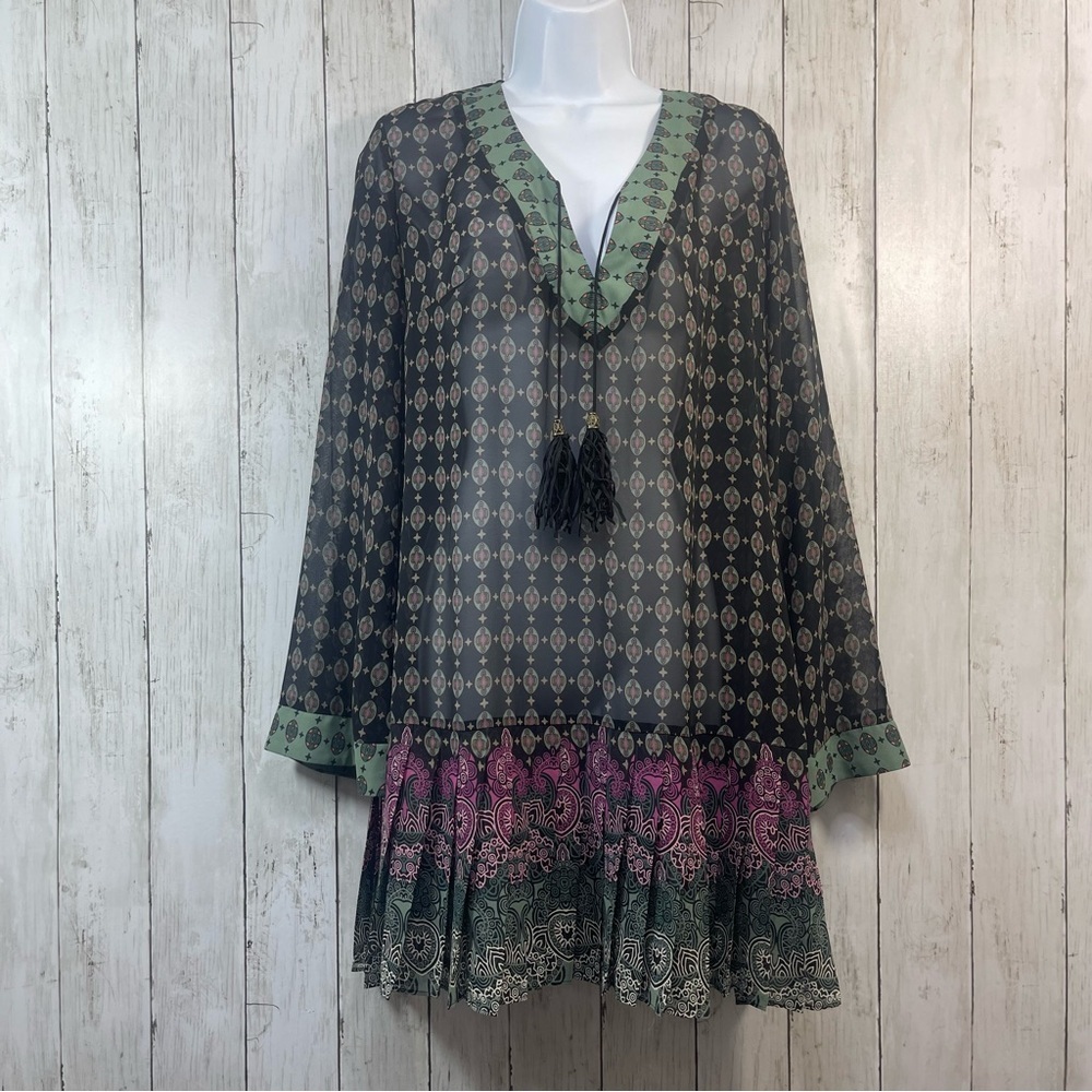 Bisou Bisou Boho Sheer Tassel Tie Tunic Blouse Medium